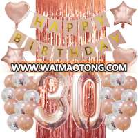 40 Inch 30th Number Balloons Birthday Decorations Pink and Gold Happy Birthday Banner With Rose Gold Tinsel Foil Fringe Curtains